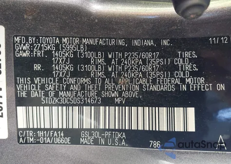 2013 Toyota Sienna L V6 7 Passenger z USA, uszkodzony, nr VIN 5TDZK3DC5DS314673